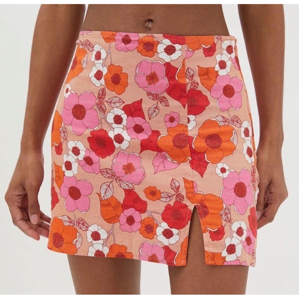 Urban Outfitters Linen Retro Floral Mini Skirt Pink‎ Orange 70s Style | Size S